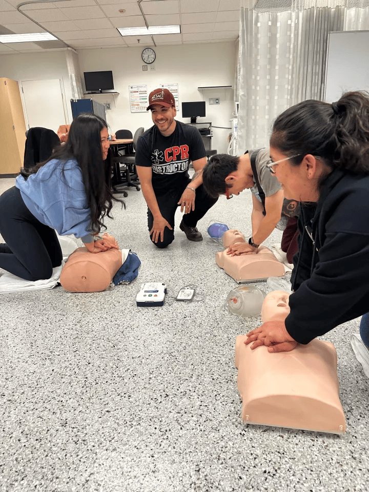 Students practicing chest compressions on adult manikins in a group class